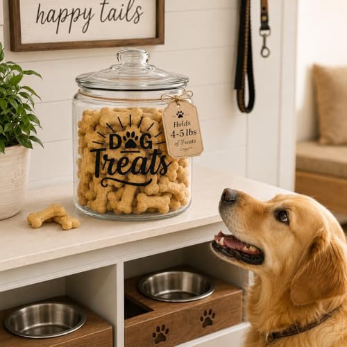 kitchentoolz 1-Gallon Glass Dog Treat Container Airtight – Large Countertop Dog Cookie Jar with Lid for Dog Treat Storage, Decorative Treat Jar & Dachshund Accessories - size: 1 Gallon