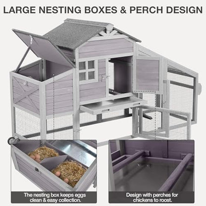 Chicken Coop with Wheels Wooden Outdoor Chicken House Easy Cleaning with Nesting Box, Deeper Leakproof Pull-Out Tray and UV Proof Panel Roof - Reinforced Version