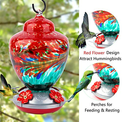 REZIPO Hummingbird Feeder with Perch - Hand Blown Glass - 38 Fluid Ounces Hummingbird Nectar Capacity Include Hanging Wires and Moat Hook (Red-Green) - color: Red-green