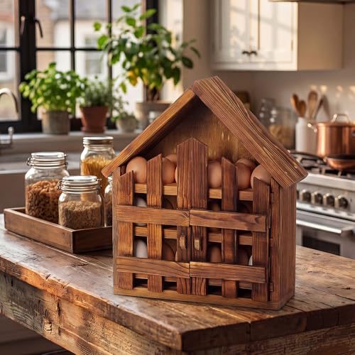 Remerry Wooden Egg Holder Countertop 3 Tier House Shape Fresh Egg Storage Pull out Eggs Racks Basket for Home Craft Room Farmhouse Kitchen Counter Organizer(36 Hole,with Door,Brown) - style: with Door