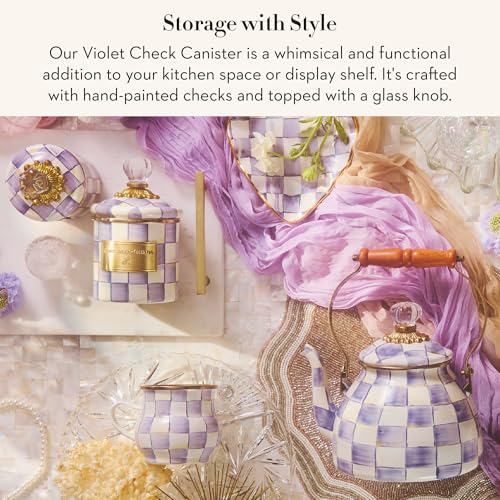 MACKENZIE-CHILDS Enamel Canister, Versatile Kitchen Storage Container for Flour and Sugar, Demi, 24-Ounce Capacity, Purple-and-White Violet Check - color: Violet Check