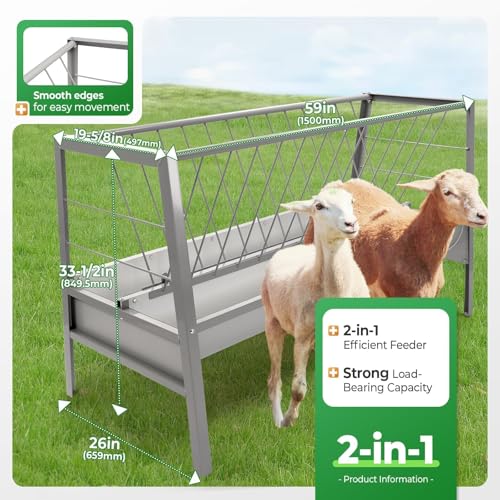 Pasture Hay Feeder 2 in 1 55 Gallon Livestock Feed Trough with 22 | Gallon Feed Pan Hay Grain Livestock Feeder for Sheep, Calf, Cow and Horse - color: Silvery