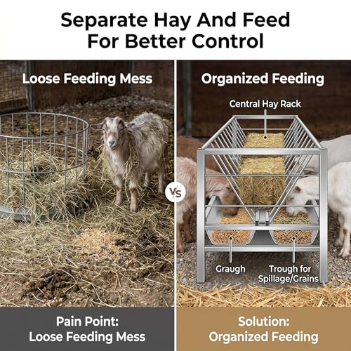 Heavy Duty 2 in 1 Hay Feeder, 59 Inch Weather Resistant Galvanized Steel Feeding Trough, Detachable Deep Pan Hay Grain Feeder, Easy to Assemble Outdoor Farm Feeder for Goats Sheep Calves