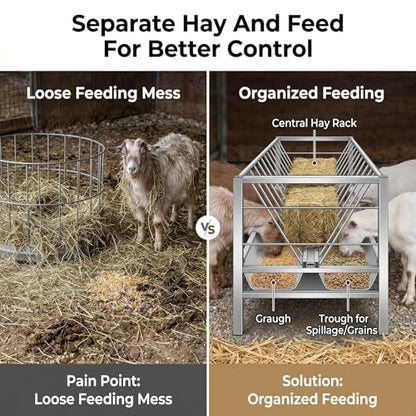 Heavy Duty 2 in 1 Hay Feeder, 59 Inch Weather Resistant Galvanized Steel Feeding Trough, Detachable Deep Pan Hay Grain Feeder, Easy to Assemble Outdoor Farm Feeder for Goats Sheep Calves