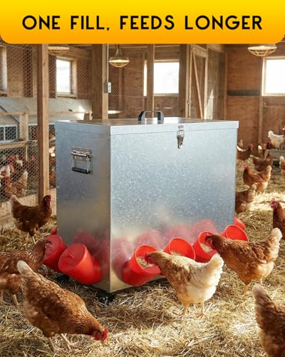 Magicfly 85 lbs Chicken Feeder No Waste, Large Metal Automatic Chicken Feeder Box, 12 Bell-Mouth Feeding Port, with Handle, Grit & Oyster Shell Trough, Chick Feeder on Wheels for Chickens, Ducks - size: 85 lb