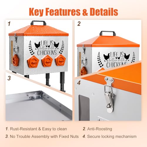 TGEYD 50LB Large Chicken Feeder – 8 Feeding Ports, No-Waste Poultry Feeder with Transparent Viewing Window, Anti-Roost Lid, & Scale-Mark Round Legs
