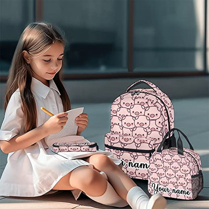 Personalized Pig Backpack with Lunch Box and Pencil Case, 16 Inch Cute Pig Bookbag Durable, Lightweight, Large Capacity, Funny Animal Backpack for School Girls Kids Women - color: Style-1-3
