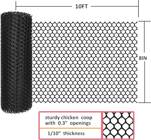 Plastic Chicken Wire Mesh - 8 in x 10 ft Black,Comes with 30 Twist Ties, Plastic Wire Mesh Fence for Dogs, Cats & Poultry - Garden Netting & Animal Barrier, Balcony Netting for Pets - WEYHDDTL - size: 8Inchx10Ft(0.3"Opening)