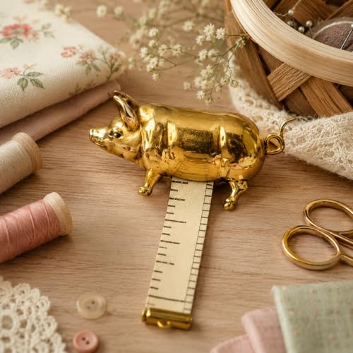 Vintage Brass Pig Retractable Tape Measure, Portable Soft Ruler for Sewing & Crafts, Unique Pocket Tool for Home and Office