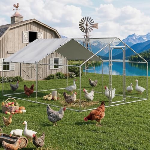 Metal Chicken Coop Walk-in Run Pen with Waterproof Cover, Galvanized Steel, Spire Roof, for Outdoor Backyard and Farm (158.4" L x 118.1" W x 76.8" H) - size: 158.4"L x 118.1"W x 76.8"H