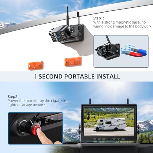eRapta Magnetic Wireless Backup Camera Kit with HD1080P 10” DVR Monitor, Dual RV/Trailer/Truck/Tractor Cameras Wireless System, No Wiring, 9600mAh Rechargeable Battery, IR Night Vision-ACT1002 - size: 10 inch-2 cameras