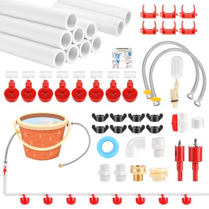 Automatic Chicken Waterer System with PVC Pipeline, Water Cups, Float Valve and Stainless Steel Hoses, Leak-Proof Poultry Watering Kit for Coop, 56 Accessories Included