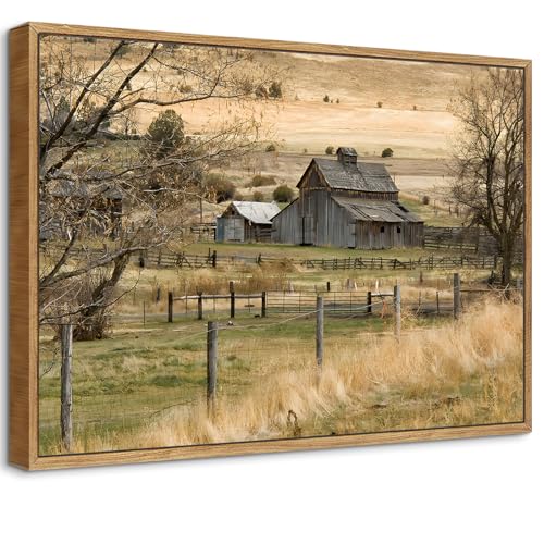Framed Rustic Farmhouse Canvas Wall Art Vintage Barn picture Wall Decor Country Farm Field Landscape Poster Prints for Bedroom Living Room Office Bathroom 16x12 in Canvas - color: Framed/, size: 12"L x 16"W