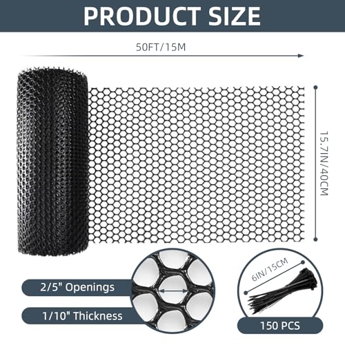 Plastic Wire Mesh Fence, 1.3ft x 50ft /15.7in x 600in Plastic Chicken Wire Fence Mesh Versatile Plastic Fencing Wire Netting Poultry Animal Barrier Fence with 150 Zip Ties for Garden & Farm, Black - color: Black
