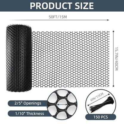 Plastic Wire Mesh Fence, 1.3ft x 50ft /15.7in x 600in Plastic Chicken Wire Fence Mesh Versatile Plastic Fencing Wire Netting Poultry Animal Barrier Fence with 150 Zip Ties for Garden & Farm, Black - color: Black