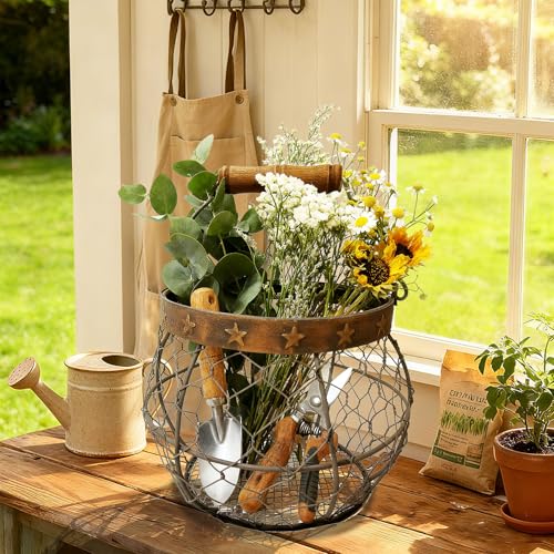 TAIANLE. Wire Egg Basket for Gathering Fresh Eggs, Rustic Farmhouse Chicken Egg Collecting Basket with Handle Star Decor for Kitchen Storage Holder Organizer Easter Display Decoration
