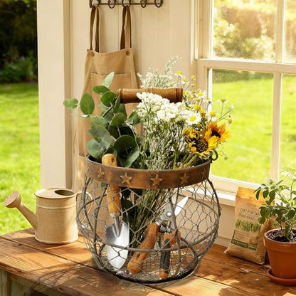 TAIANLE. Wire Egg Basket for Gathering Fresh Eggs, Rustic Farmhouse Chicken Egg Collecting Basket with Handle Star Decor for Kitchen Storage Holder Organizer Easter Display Decoration