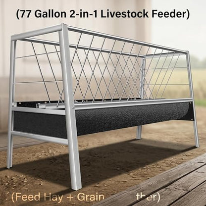 77 Gallon Rubber Trough Hay Feeder, Rust Resistant Stainless Steel Livestock Feeder, Anti-Waste Design Farm Feeder for Goats, Sheep, Calves and Horses