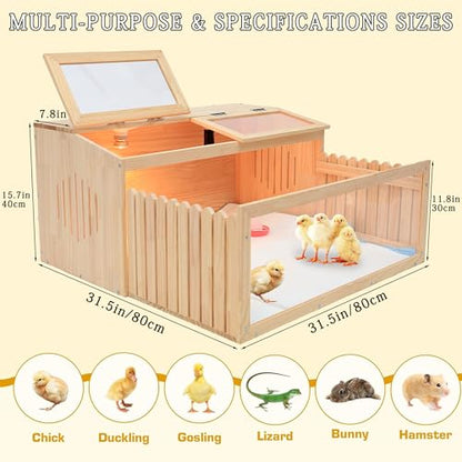 Large Chicken Brooder Box for Chick,Wooden Brooder Box 32" with Bulb Set and Thermometer - Accommodates Up to 25 Chicks-Ideal for Ducks,Quails,Hamsters,and Lizards（32x16x16 Inches）