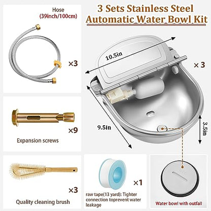 Tessco for you 3 Sets 4L/135oz Automatic Animal Water Bowl with Float Valve Stainless Steel Drinking Trough for Animals Livestock Horse Waterer Kits Includes Hose Connectors, Countersunk Bolts(Silver)