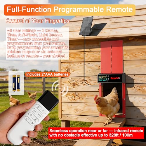 Solar Automatic Chicken Coop Door, Programmable Remote Control with 6 Modes, Aluminum Auto Chicken Door with Color LCD Display, Anti-Pinch Safety