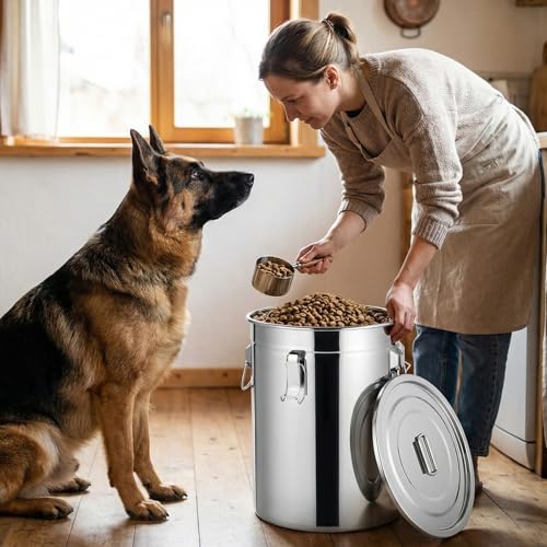 Lounsweer 2 Pack 7 Gal Stainless Steel Dog Food Storage Container with Lid and Locking Clamp 28 L Metal Airtight Container Large Stainless Steel Bucket with Food Scoop for Pet Feed - size: 28 L