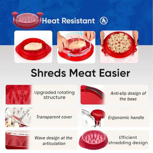 Chicken Shredder, Chicken Shredder Tool Twist, Meat Shredder, Chicken Breast Shredder, Large Heavy Duty Meat Shredder Tool with Tray & Brush, BPA-Free, Dishwasher Safe, Strong Non-Slip Base - color: Red