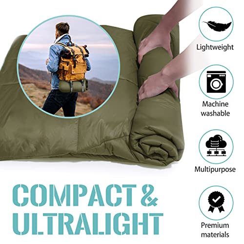 Outdoor Puffy Camping Blanket, Lightweight Down Alternative Puffy Printed Camping Large Ultra Warm Hammock Top Quilt Waterproof Blanket for Traveling Picnic Beach Party Cold Weather (Olive) - color: Olive