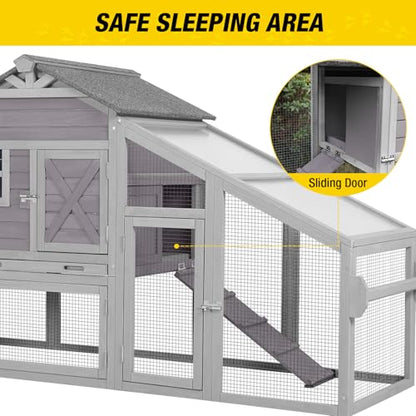 Aivituvin Chicken Coop Mobile Chicken House on Wheels Expandable Wooden Poultry Cage with Large Nesting Box Leakproof Pull-Out Tray Rabbit Hutch Bunny Cage,UV-Resistant Roof (Grey，AIR32) - size: 73.4"L x 27.9"W x 43.2"H