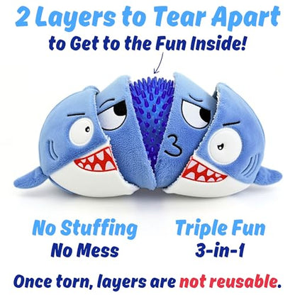 Sharky 3 in 1 Plush Shark Dog Chew Toy with Squeaky Ball Inside for Aggressive Chewers, Super Interactive No Stuffing, Strong Tough Heavy Durable, Birthday Gift Box for Small & Large Breed - color: Blue