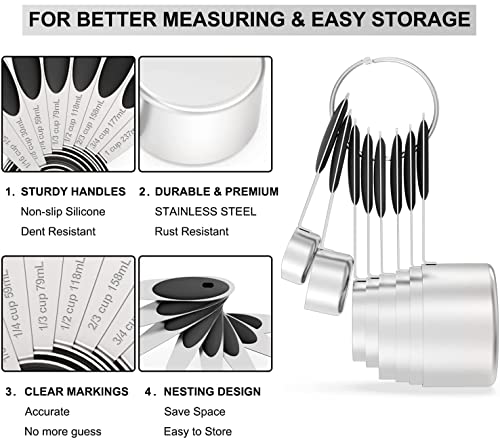 Measuring Cups & Spoons Set of 16, Wildone Stainless Steel Measuring Cups and Measuring Spoons with Black Silicone Handle, Including 8 Nesting Cups, 8 Spoons, for Dry and Liquid Ingredient | 8 Measuring Cups and 8 Measuring Spoons, Nesting Design, Heavy D