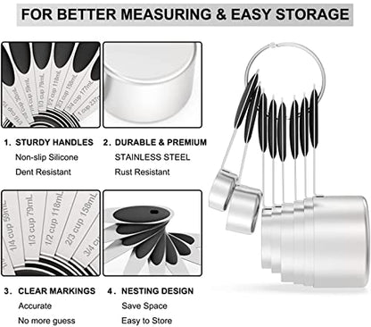 Measuring Cups & Spoons Set of 16, Wildone Stainless Steel Measuring Cups and Measuring Spoons with Black Silicone Handle, Including 8 Nesting Cups, 8 Spoons, for Dry and Liquid Ingredient | 8 Measuring Cups and 8 Measuring Spoons, Nesting Design, Heavy D