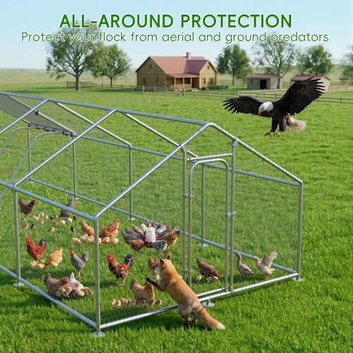 Large Metal Chicken Coop with Roosting Perch, Waterproof and UV Protection Cover, Chicken Run Outdoor Walk-in Cage Chicken Rabbit Duck Hen House for Yard Farm Use Spire Roof (10’ W x 26.2’ L x 6.4’ H) - size: 315.0"L x 118.0"W x 78.0"H