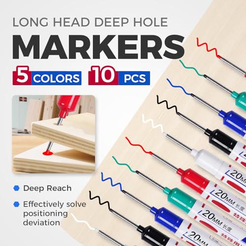 10 PCS Long Head Deep Hole Marker Pens, 20 MM Long Nib Marker for Metal, Multi-purpose Deep Reach Markers Quick Dry Waterproof Marking Pens Construction Markers with Long Nose