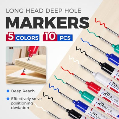 10 PCS Long Head Deep Hole Marker Pens, 20 MM Long Nib Marker for Metal, Multi-purpose Deep Reach Markers Quick Dry Waterproof Marking Pens Construction Markers with Long Nose