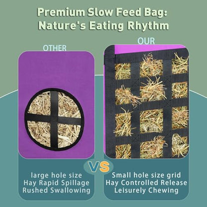 2 Pack Purple Slow Feed Hay Bags for Horses Goats Rabbits Donkeys,Heavy Duty Oxford Hay Feeder with Front Hay Net Design, Easy Fill Hanging Forage Bag (Premium Animal Feeding Solution)