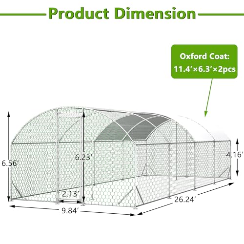 Large Metal Chicken Coop, Walk-in Chicken Run Cages with Waterproof and Anti-Ultraviolet Cover for Outside(10' L x 26 W x 6.56' H) Dome Top