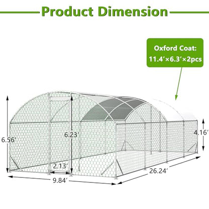 Large Metal Chicken Coop, Walk-in Chicken Run Cages with Waterproof and Anti-Ultraviolet Cover for Outside(10' L x 26 W x 6.56' H) Dome Top