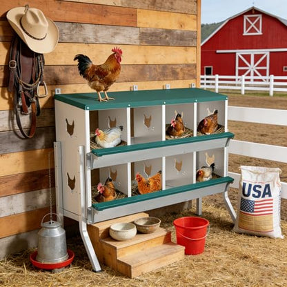 Garvee Large Metal Chicken Nesting Boxes for Hens, 8 Compartment Galvanized Steel Nesting Box with Legs, Includes 4 Fake Eggs & 10 Soft Nest Pads, Wall Mount or Freestanding for Coop & Farm - style: 8 Holes w/ Legs