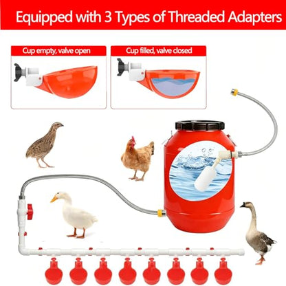 Complete Set Pipeline Automatic Chicken Waterer System(55 Accessories Included)Chicken Water Cups, Chicken Waters,Poultry Waterer,Chicken Watering System,with PVC Pipeline,Float Valve and Garden Hose