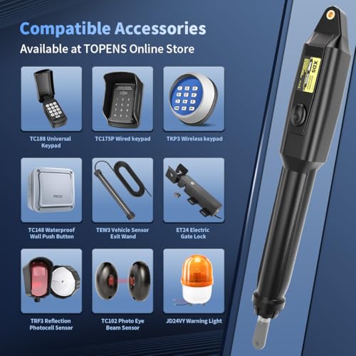 TOPENS XD551 Smart Gate Opener for Medium Duty Single Swing Gates Up to 18ft, Automatic Gate Opener with App Control AC Powered Remote Control Kit Solar Compatible