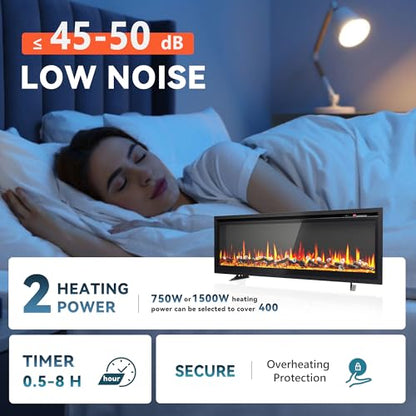 EUHOMY 50 Inch Electric Fireplace Recessed Wall Mounted Freestanding with Remote Control, Ultra-thin Fireplace Heater with Adjustable Flame Color, Linear Fireplace with Timer, Log & Crystal, 750/1500W - size: 50 Inch Premium