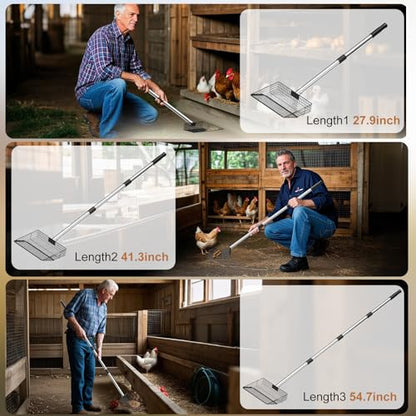 10" Width Metal Chicken Poop Scooper Heavy Duty Farm Sifting Shovel | Stainless Steel Long Handle (27.9 to 54.7") Poultry Litter Sifting Scooper for Chicken Coops Sheep Pens and Cat Litter Box