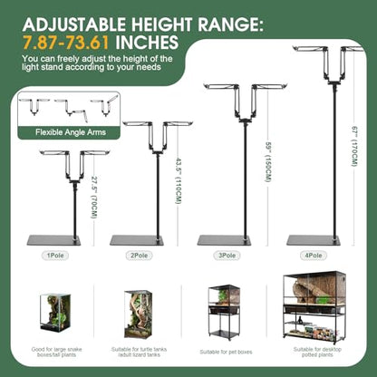 MECESOR Dual Reptile Lamp Stand,15.7-74.3 Inch Height Adjustable Reptile Light Stand,360° Sewing Flexible Arms,Heat Lamp Stand for Reptiles Tank,Terrariums,Amphibian Cages&Plants