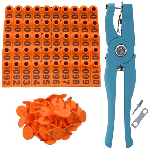 Sheep Ear Tags Numbered 001-100 Plastic Livestock Ear Tags with Applicator Pliers for Goat Sheep Pig Dog Deer Farm,100PCS (Orange) - color: Orange