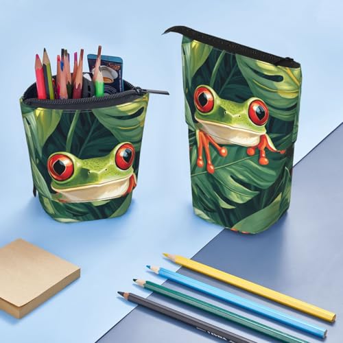 Green Frog Standing Pencil Case Cute Telescopic Stationary Pouch with Zipper Large Capacity Stand up Pen Bag Portable Makeup Holder for School Office Supplies - color: Frog