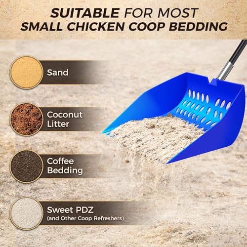 Chicken Poop Scooper & Rake 3 in 1 - Aluminum Alloy Chicken Coop Scoop & Snap-Lock Telescoping Adjustable Handle (16 to 44”), Sand Sifter Shovel for Small Farm Animals US Patent Pending (Aqua Blue) - color: Aqua Blue