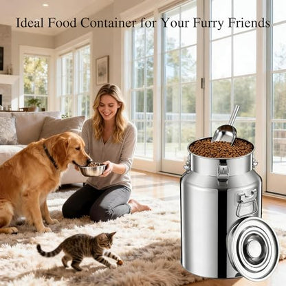 15 Lbs Stainless Steel Dog Food Storage Container with Scoop, Large Metal Dog Food Bin with Airtight Lid & Locking Clamp, Pet Food Container for Dogs & Cats, Keep Fresh, Easy to Clean - size: 15 Lbs