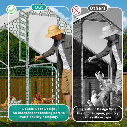 Large Metal Chicken Coop, Walk-in Chicken Run with Feeding Door, Security Lock and Cover, Outdoor Duck/Rabbit Cage Poultry Pen for Backyard, Farm, Yard (Silver - Spire Roof, 26.2 x 9.8 x 6.5 FT) - size: 314.9"L x 118.1"W x 78.7"H