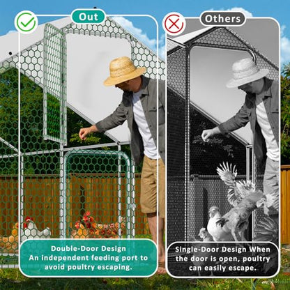 Large Metal Chicken Coop, Walk-in Chicken Run with Feeding Door, Security Lock and Cover, Outdoor Duck/Rabbit Cage Poultry Pen for Backyard, Farm, Yard (Silver - Spire Roof, 26.2 x 9.8 x 6.5 FT) - size: 314.9"L x 118.1"W x 78.7"H